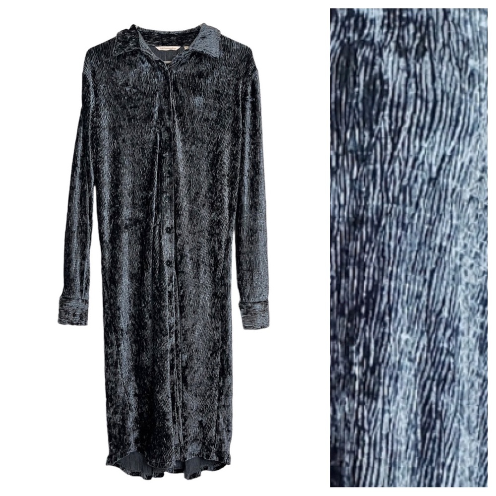 Soft Surroundings Maxime Velvet Crinkle Long Sleeve Shirt Dress Blue Size Medium